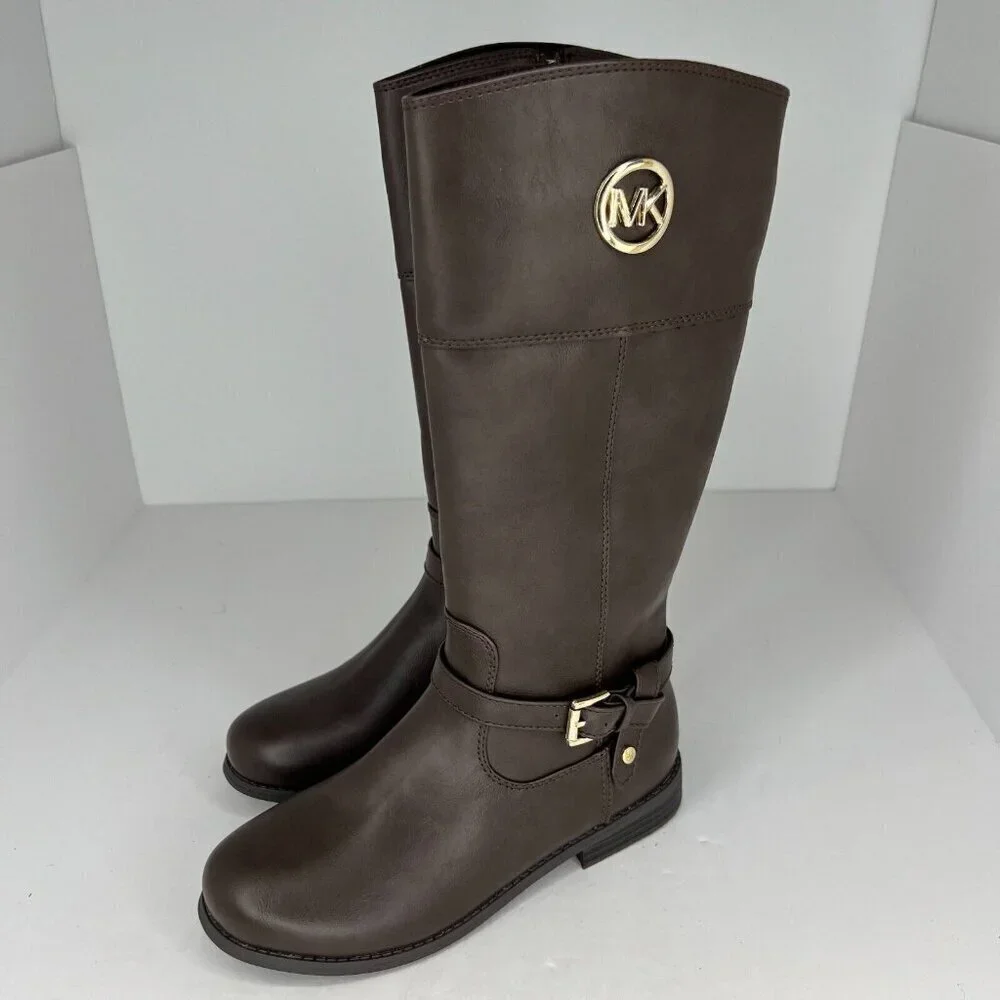 Michael Kors Girls Brown Flat Fully Zip Gold MK Logo Tone Size 3 Riding Boots